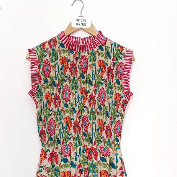 Vestido largo de algodón estampado a mano: vestido veraniego sin mangas.