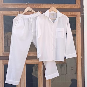 Cotton Pajama Set, Women Night Dress, Simple White Color, Light UltraSoft Night Dress Women, Cotton Pants Shirt Set, PJ Set, Nightwear dress