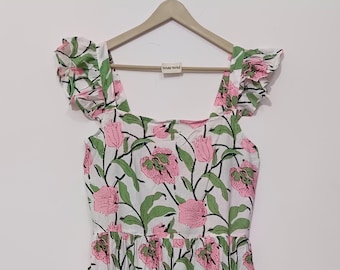 Hand Block Printed Cotton Dress: Indian Floral Tunic Gown