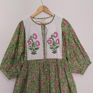 Handblock Floral Cotton Midi Dress: Bohemian Summer Wear