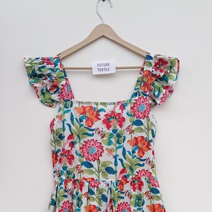 Hand Block Printed Cotton Dress: Indian Floral Tunic Gown