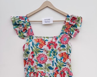 Hand Block Printed Cotton Dress: Indian Floral Tunic Gown