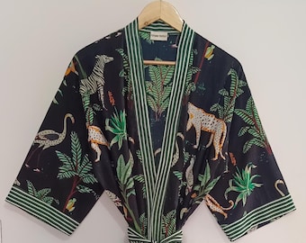 Cotton Kimono Robe Dressing Gown, Block Print Bridesmaid Robe, Summer Nightwear, One Size