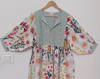 Handblock Floral Cotton Dress: Summer Midi Dress with Pockets
