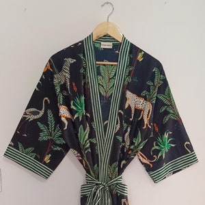 Cotton Kimono Robe Dressing Gown, Block Print Bridesmaid Robe, Summer Nightwear, One Size