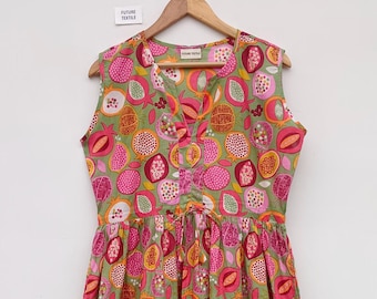 Handblock Gedruckt Baumwoll Gaze Kleid: Indische Tunika Kleid