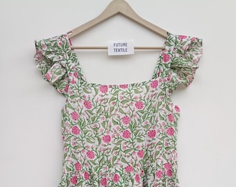 Hand Block Printed Cotton Dress: Indian Floral Tunic Gown