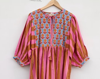 Vestido midi de algodón con estampado floral hecho a mano: túnica informal de verano