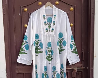 Floral Print Maxi Dress: Ocean White Boho Cotton Long Dress
