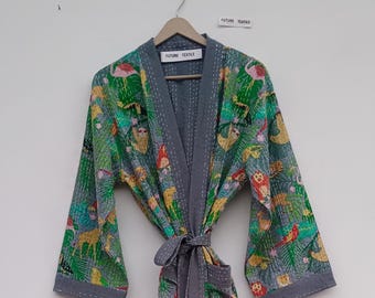 Cotton Kantha Kimono Robe: Block Print Summer Jacket, One Size
