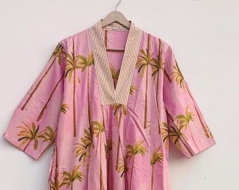 Ikat Kaftan Dress: Cotton Boho , Hand Blockprint Cotton