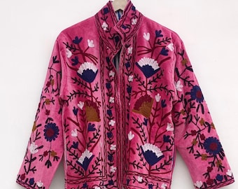 Embroidered Velvet Jacket | Suzani Boho Bomber, Reversible Striped Lining
