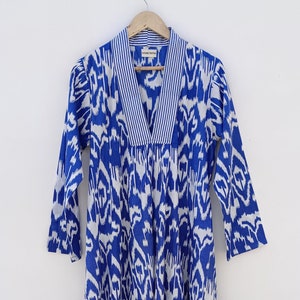 Ikat Kaftan Dress: Turquoise Boho Maxi, Hand Blockprint Cotton