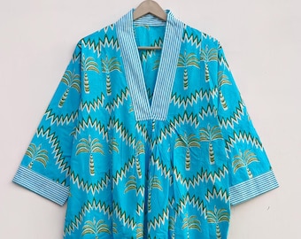 Ikat Kaftan Dress: Cotton Boho , Hand Blockprint Cotton