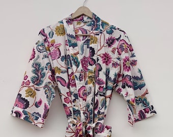 Hand Block Print Cotton Kimono Robe | Floral Lightweight Summer Dressing Gown