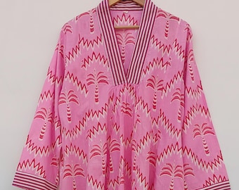 Ikat Kaftan Dress: Cotton Boho , Hand Blockprint Cotton