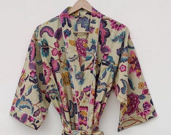 Hand Block Print Cotton Kimono Robe | Floral Lightweight Summer Dressing Gown