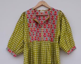 Handblock Floral Cotton Midi Dress: Summer Casual Tunic