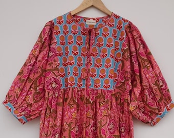 Handblock Floral Cotton Midi Dress: Summer Casual Tunic