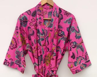 Hand Block Print Cotton Kimono Robe | Floral Lightweight Summer Dressing Gown