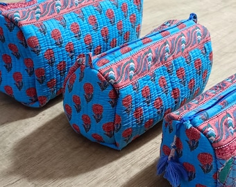 Quilted Cotton Toiletry Bag, Floral Print Makeup Organizer, Bohemian Cosmetic Pouch (Set of 3)