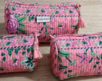 Quilted Cotton Toiletry Bag, Floral Print Makeup Organizer, Bohemian Cosmetic Pouch (Set of 3)