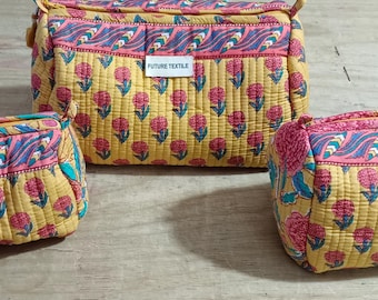 Quilted Cotton Toiletry Bag, Floral Print Makeup Organizer, Bohemian Cosmetic Pouch (Set of 3)