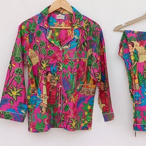 Conjunto de pijama de algodón rosa con diseño de Frida Kahlo, ropa de dormir de manga larga