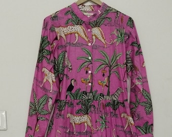 Robe longue en coton faite main : robe bohème vintage à imprimé jungle