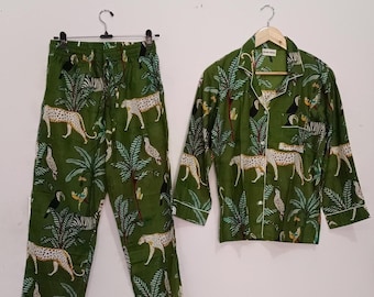 Jungle Print Cotton Pajama Set: Handmade Indian Night Suit