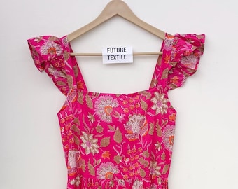 Hand Block Printed Cotton Dress: Indian Floral Tunic Gown