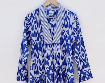 Ikat Kaftan Dress: Turquoise Boho Maxi, Hand Blockprint Cotton