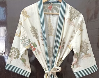 Cotton Kimono Robe: Bird Print Soft Bath Robe