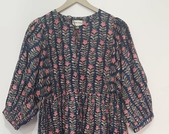 Floral Block Print Cotton Gauze Dress with Pockets