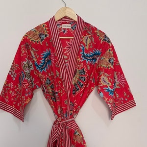 Cotton Kimono Robe Dressing Gown, Block Print Bridesmaid Robe, Summer Nightwear, One Size