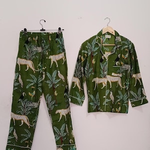 Robe de nuit à imprimé jungle, pyjama indien fait main avec short et sac, Jaipuri 100 % pur coton à imprimé animal pour femme, tenue de nuit