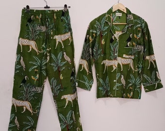 Handmade Cotton Pajama Set: Jungle Print Women's Night Suit
