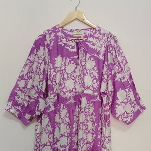 Handblock Floral Women Wear Dress, Midi Dress, Mini Dress, Floral Long Block Print Dress, Deep Neck with string closer
