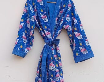 Block Print Cotton Kantha Kimono Robe: Boho Bridesmaid Gown