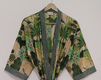 Block Print Cotton Kimono Robe: Boho Summer Dressing Gown