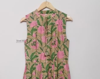 Vestido largo de algodón floral: vestido de verano sin mangas con estampado a mano