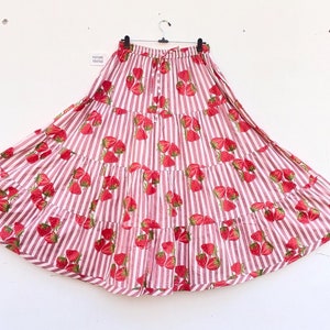 Handmade Cotton Maxi Skirt: Strawberry Print Tiered Skirt with Pockets