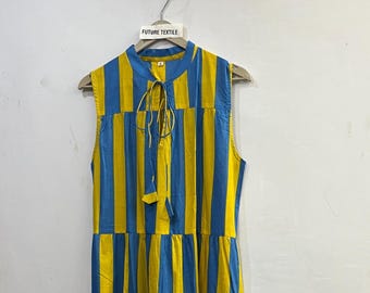 Blue Yellow Striped Cotton Maxi Dress, Sleeveless Tiered Boho Summer Sundress