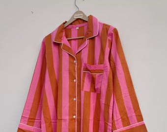 Striped Cotton Shirt Dress, Button-Front Tunic, Long Sleeves, Curved Hem
