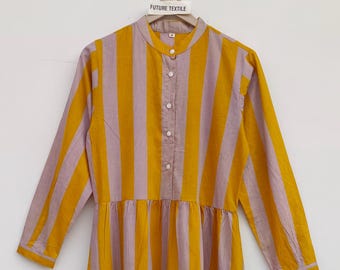 Boho Cotton Tiered Maxi Dress, Striped Long Sleeve, Button Front, Summer Wear