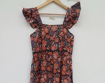 Hand Block Printed Cotton Dress: Indian Floral Tunic Gown