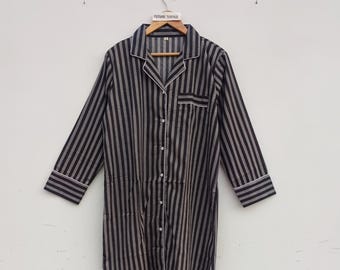 Black Striped Cotton Shirt Dress | Button-Front Tunic, Long Sleeves, Curved Hem