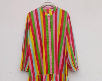 Colorful Striped Cotton Midi Dress, Button Front, Long Sleeve, Boho Casual, Loose Fit