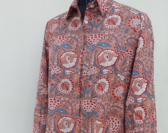 LADIES SHIRT. WOMAN SHIRTFloral Hand Block Printed Cotton Blouse: Frill Collar Summer Top