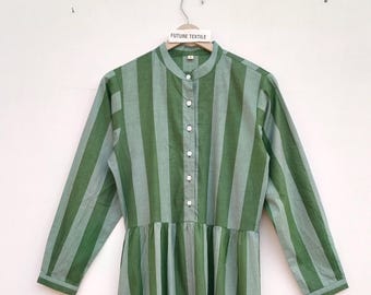Boho Cotton Tiered Maxi Dress, Striped Long Sleeve, Button Front, Summer Wear